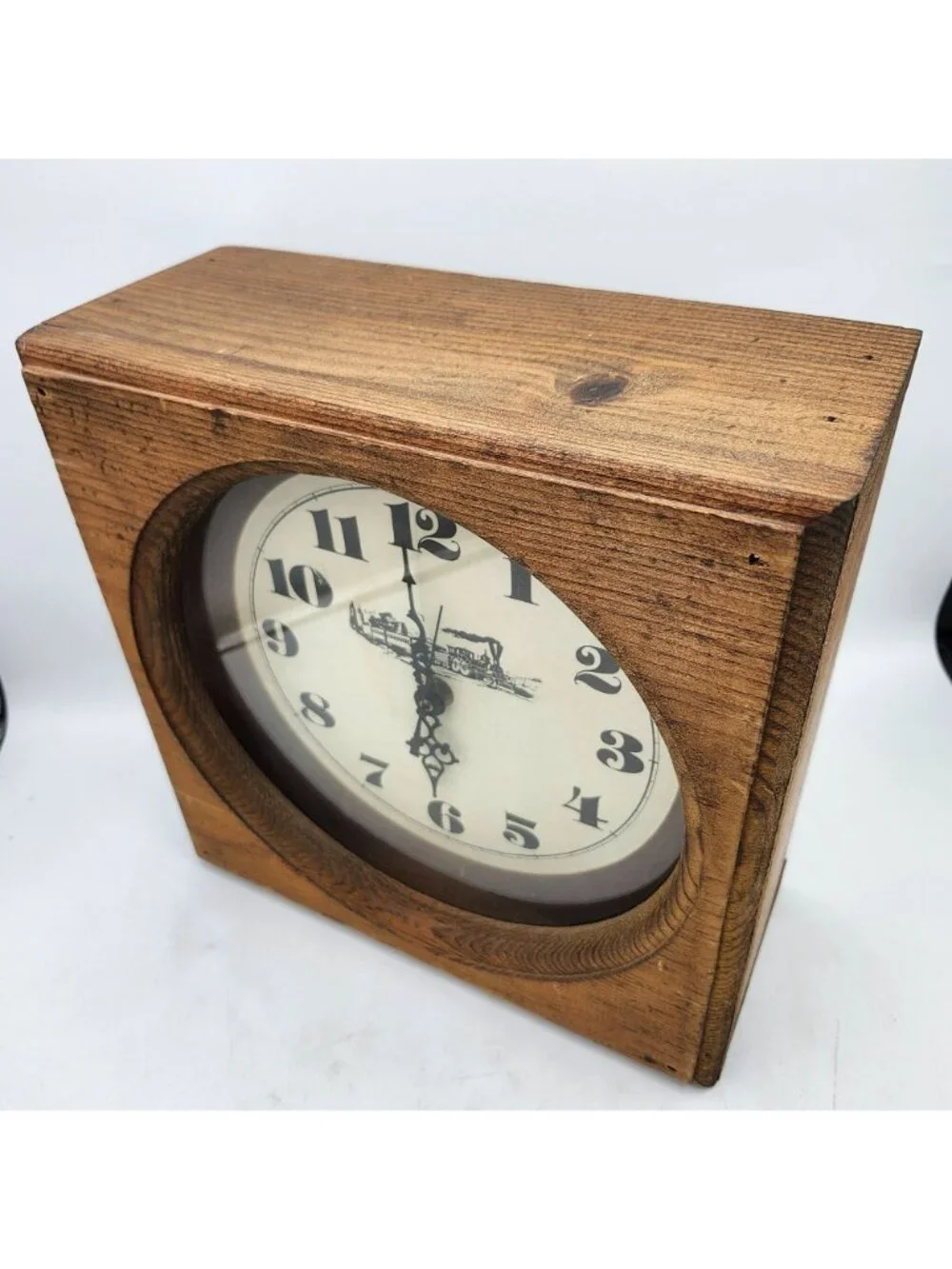Train Illustrated Wall Clock Square Pine Wood Frame Battery Operated Quartz